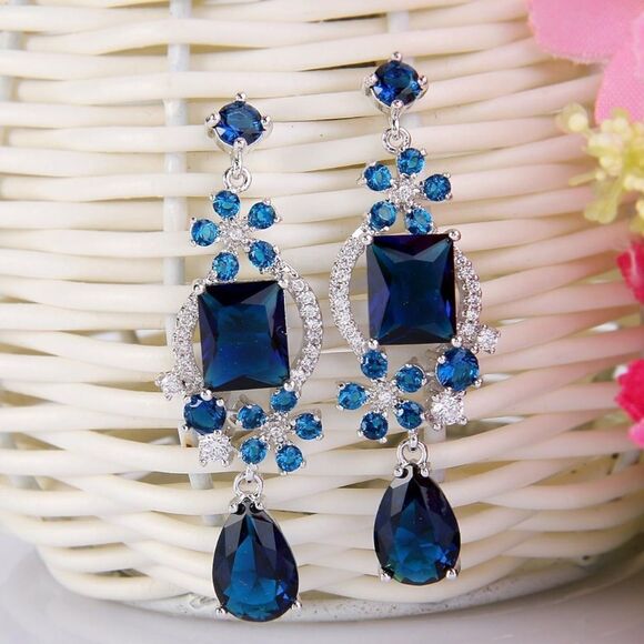 Silver with Blue Sapphire and White Diamond CZ Floral Chandelier Post Earrings - Picture 2 of 5